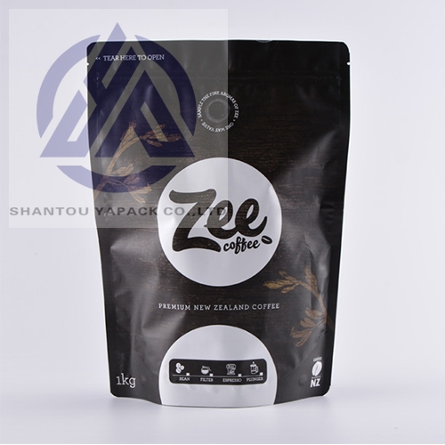 Customized print logo one way valve matte black stand up coffee bag 1kg